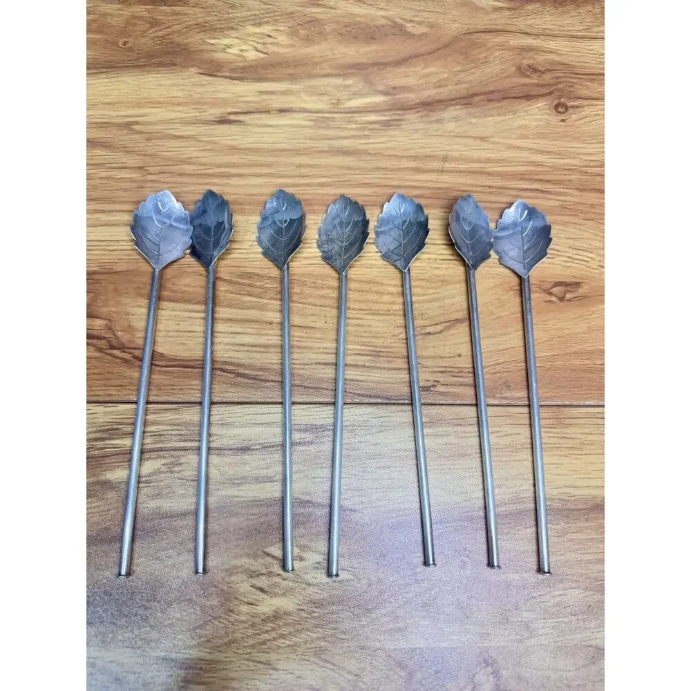 Vintage H & Co Silver Tone Leaf Sipper Straws Iced Tea Spoons 7-1/4” ~Set of 7